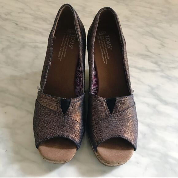 Toms Calypso Peep Toe Copper Azar Metallic Wedges Women's Size 6.5 - Picture 4 of 8